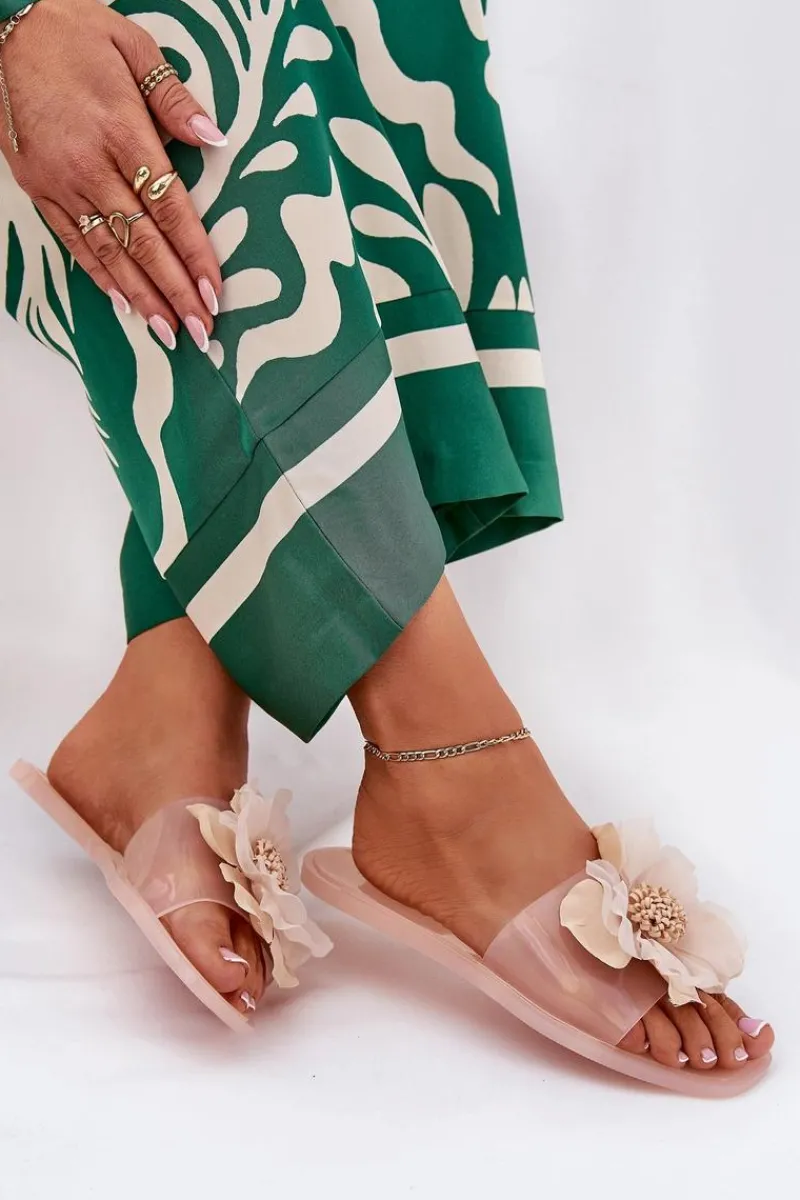 Clearance Boto Transparentne Płaskie Klapki Damskie Ze Sztucznym Kwiatem Nude Vobetta Beżowy