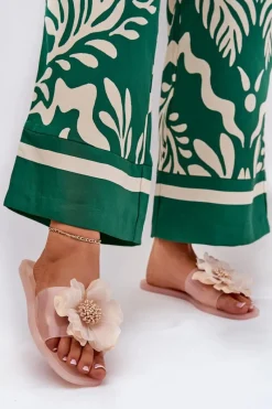 Clearance Boto Transparentne Płaskie Klapki Damskie Ze Sztucznym Kwiatem Nude Vobetta Beżowy