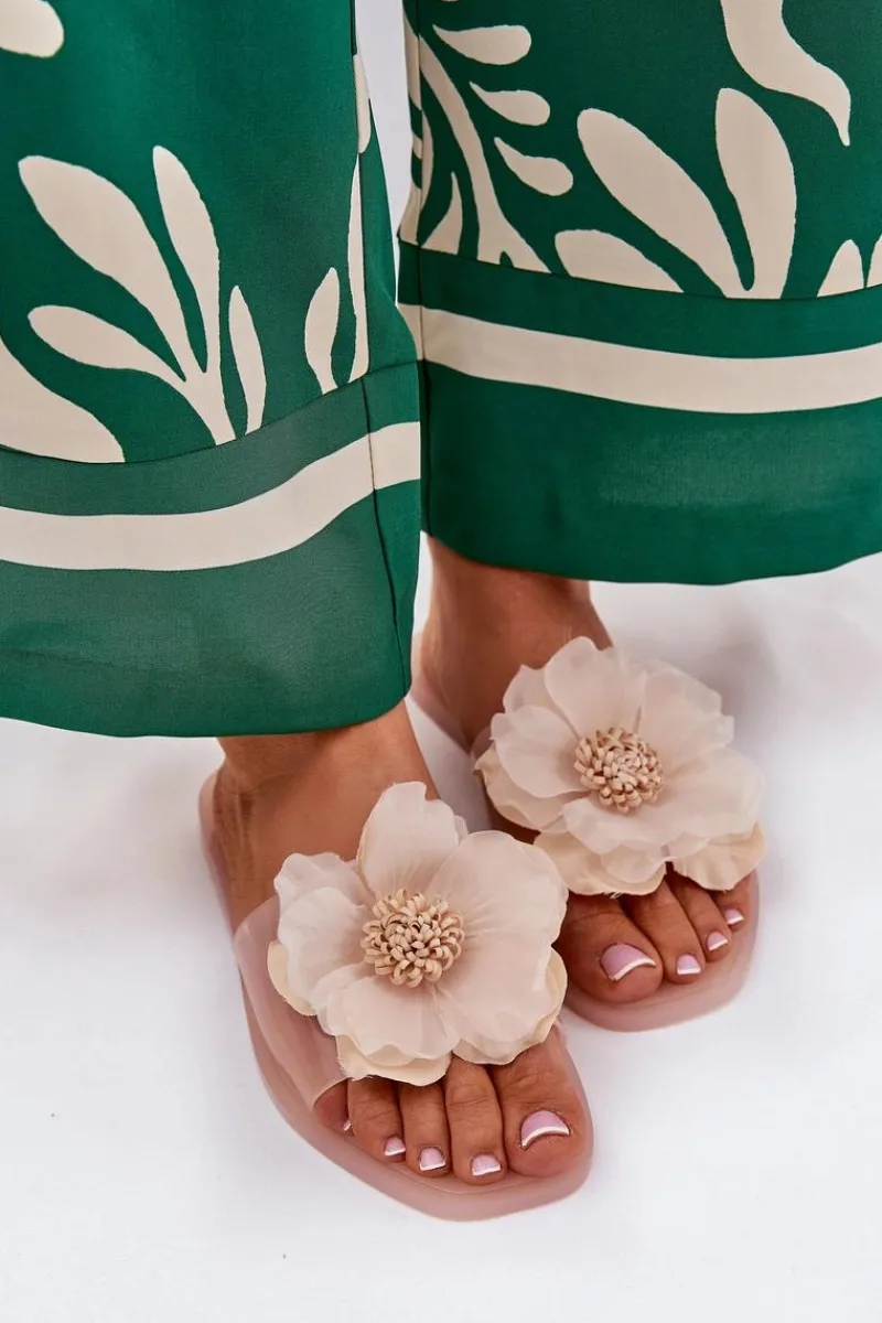 Clearance Boto Transparentne Płaskie Klapki Damskie Ze Sztucznym Kwiatem Nude Vobetta Beżowy