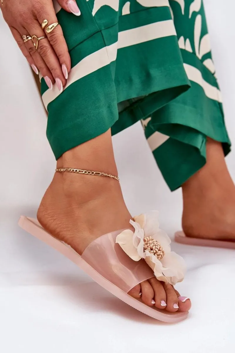 Clearance Boto Transparentne Płaskie Klapki Damskie Ze Sztucznym Kwiatem Nude Vobetta Beżowy