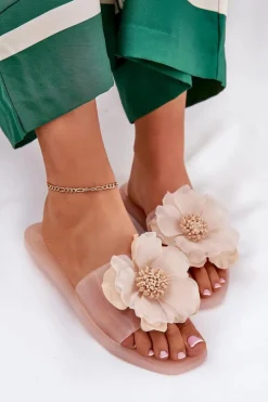 Clearance Boto Transparentne Płaskie Klapki Damskie Ze Sztucznym Kwiatem Nude Vobetta Beżowy