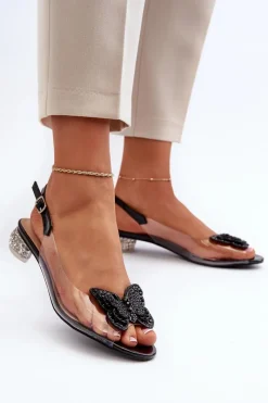 Sandały Na Obcasie>Damskie buty S.Barski Transparentne Sandały Na Niskim Obcasie Z Motylem Czarne D&A MR38-388