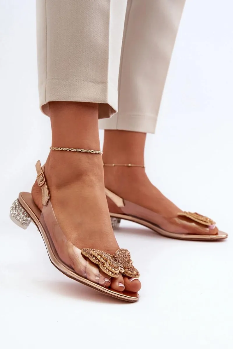 Sandały Na Obcasie>Damskie buty S.Barski Transparentne Sandały Na Niskim Obcasie Z Motylem Złote D&A MR38-388