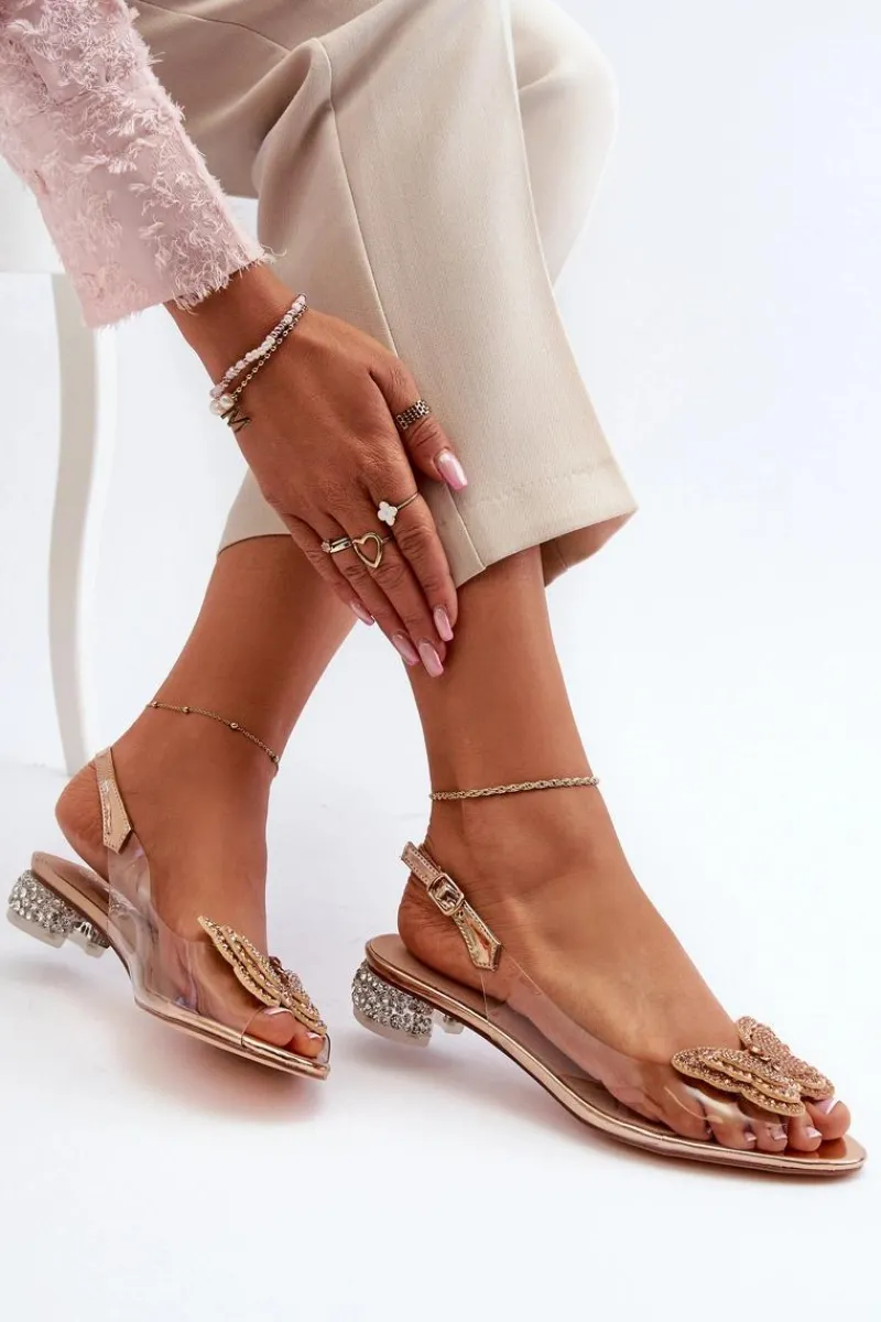 Sandały Na Obcasie>Damskie buty S.Barski Transparentne Sandały Na Niskim Obcasie Z Motylem Złote D&A MR38-388