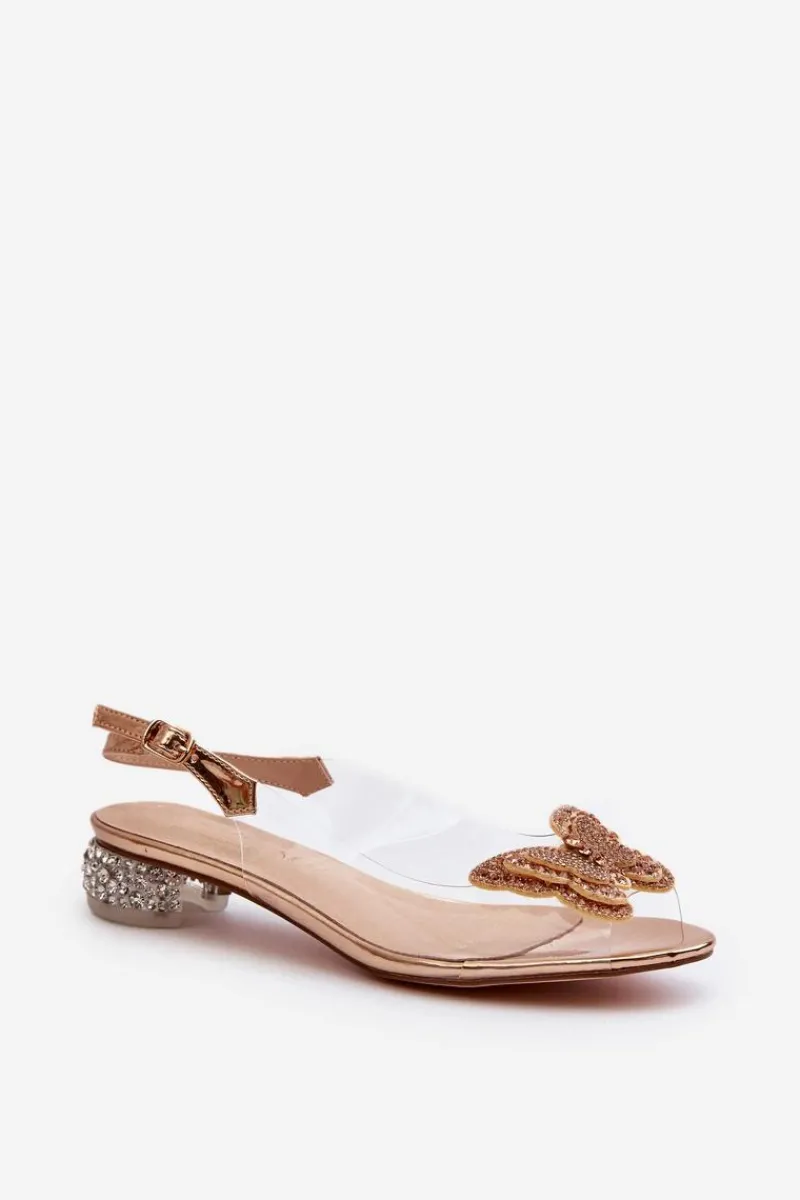 Sandały Na Obcasie>Damskie buty S.Barski Transparentne Sandały Na Niskim Obcasie Z Motylem Złote D&A MR38-388