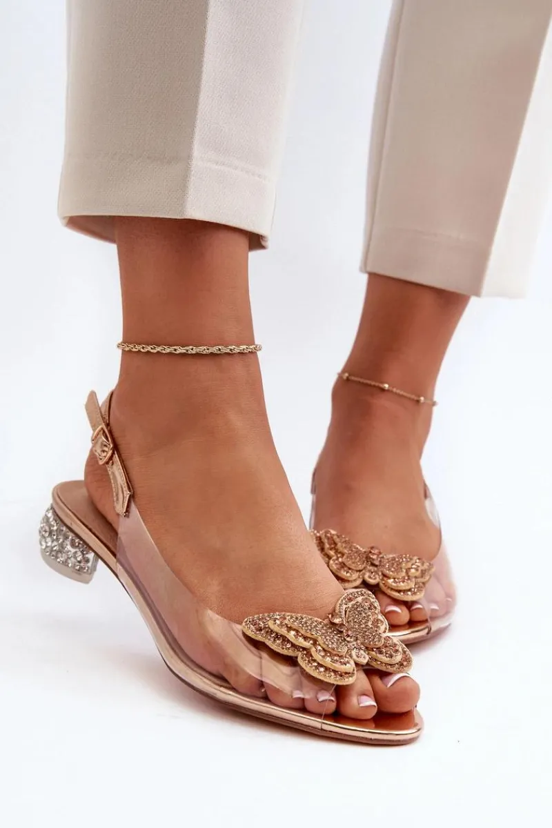 Sandały Na Obcasie>Damskie buty S.Barski Transparentne Sandały Na Niskim Obcasie Z Motylem Złote D&A MR38-388