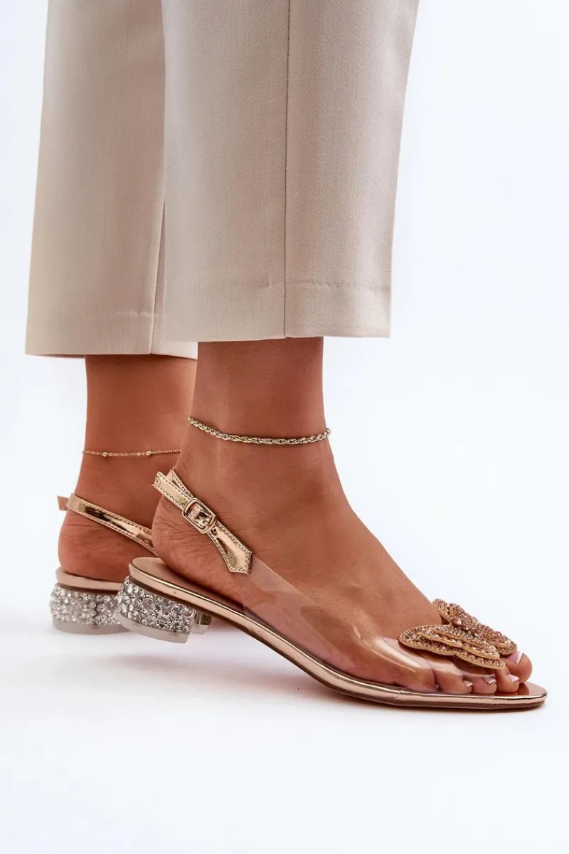 Sandały Na Obcasie>Damskie buty S.Barski Transparentne Sandały Na Niskim Obcasie Z Motylem Złote D&A MR38-388