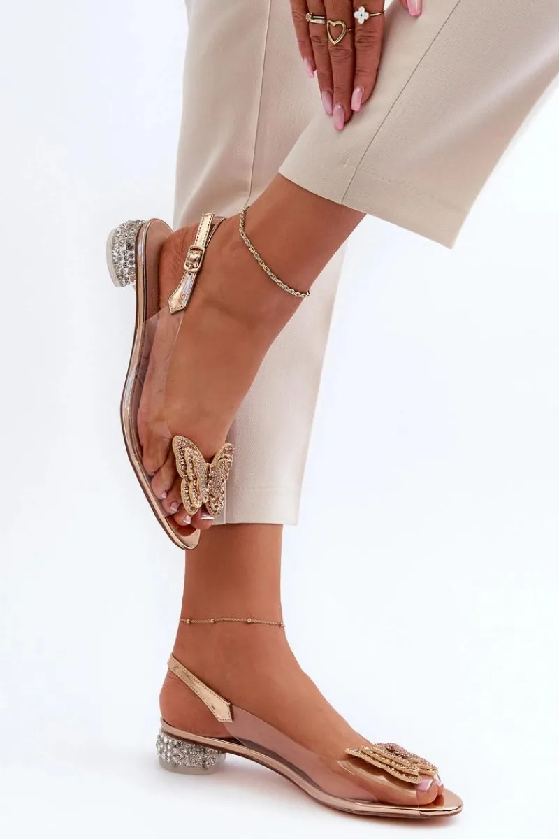 Sandały Na Obcasie>Damskie buty S.Barski Transparentne Sandały Na Niskim Obcasie Z Motylem Złote D&A MR38-388