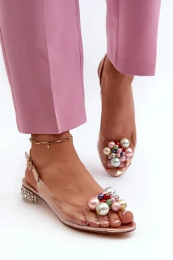 Online Transparentne Sandały Na Niskim Obcasie Z Ozdobą Różowe Złoto D&A MR38-368 Damskie Sandały Na Obcasie