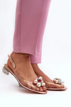 Online Transparentne Sandały Na Niskim Obcasie Z Ozdobą Różowe Złoto D&A MR38-368 Damskie Sandały Na Obcasie