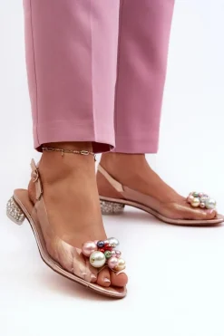 Online Transparentne Sandały Na Niskim Obcasie Z Ozdobą Różowe Złoto D&A MR38-368 Damskie Sandały Na Obcasie