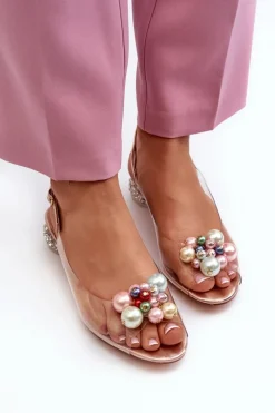 Online Transparentne Sandały Na Niskim Obcasie Z Ozdobą Różowe Złoto D&A MR38-368 Damskie Sandały Na Obcasie