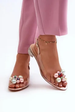 Online Transparentne Sandały Na Niskim Obcasie Z Ozdobą Różowe Złoto D&A MR38-368 Damskie Sandały Na Obcasie