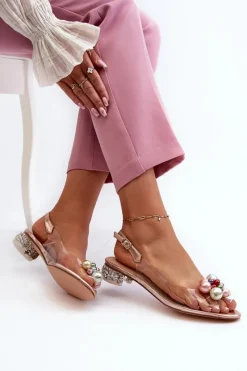 Online Transparentne Sandały Na Niskim Obcasie Z Ozdobą Różowe Złoto D&A MR38-368 Damskie Sandały Na Obcasie
