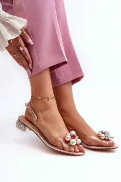 Online Transparentne Sandały Na Niskim Obcasie Z Ozdobą Różowe Złoto D&A MR38-368 Damskie Sandały Na Obcasie