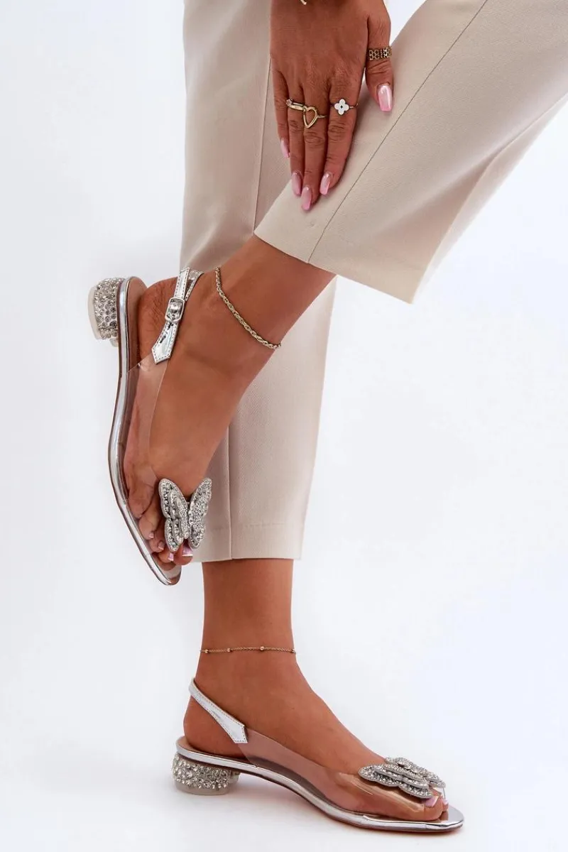 Sandały Na Obcasie>Damskie buty S.Barski Transparentne Sandały Na Niskim Obcasie Z Motylem Różowe Srebrne D&A MR38-388