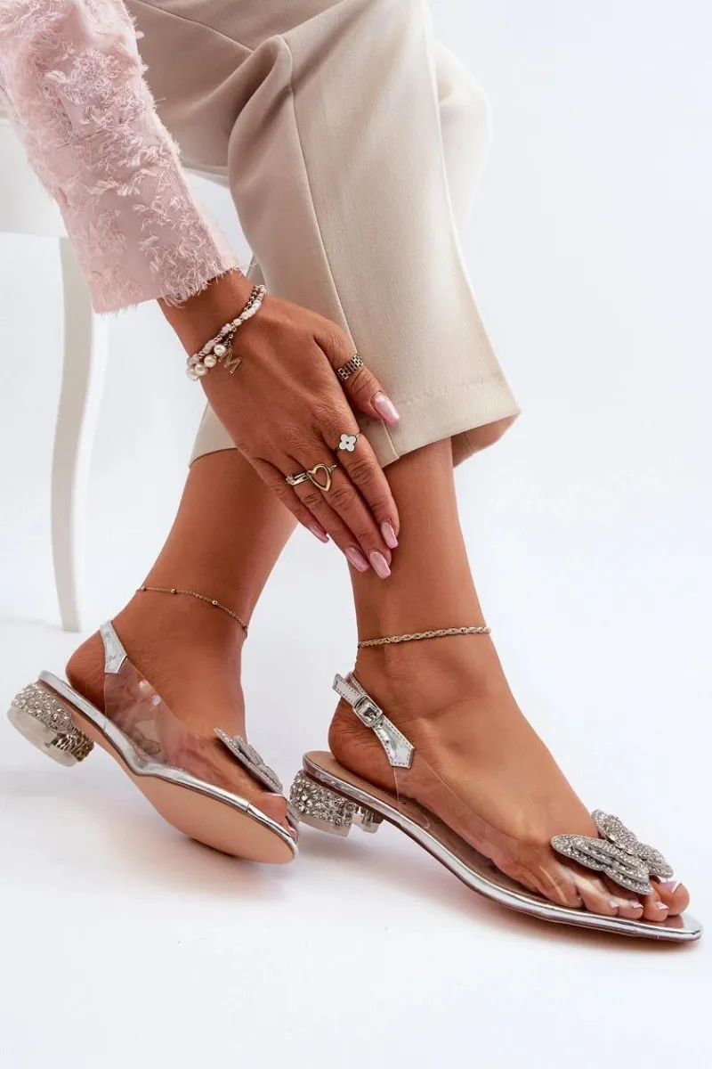 Sandały Na Obcasie>Damskie buty S.Barski Transparentne Sandały Na Niskim Obcasie Z Motylem Różowe Srebrne D&A MR38-388