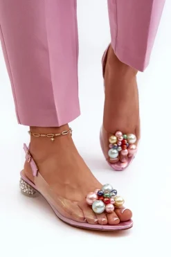 Sale Transparentne Sandały Na Niskim Obcasie Z Ozdobą Różowe D&A MR38-368 Damskie Sandały Na Obcasie