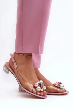 Sale Transparentne Sandały Na Niskim Obcasie Z Ozdobą Różowe D&A MR38-368 Damskie Sandały Na Obcasie