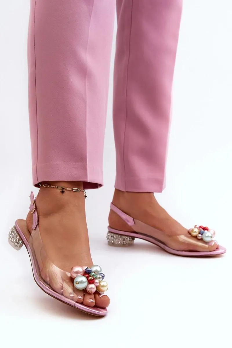 Sale Transparentne Sandały Na Niskim Obcasie Z Ozdobą Różowe D&A MR38-368 Damskie Sandały Na Obcasie