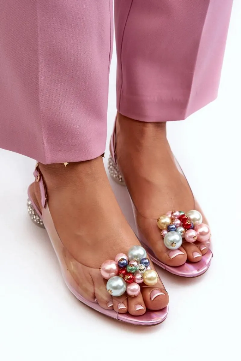 Sale Transparentne Sandały Na Niskim Obcasie Z Ozdobą Różowe D&A MR38-368 Damskie Sandały Na Obcasie