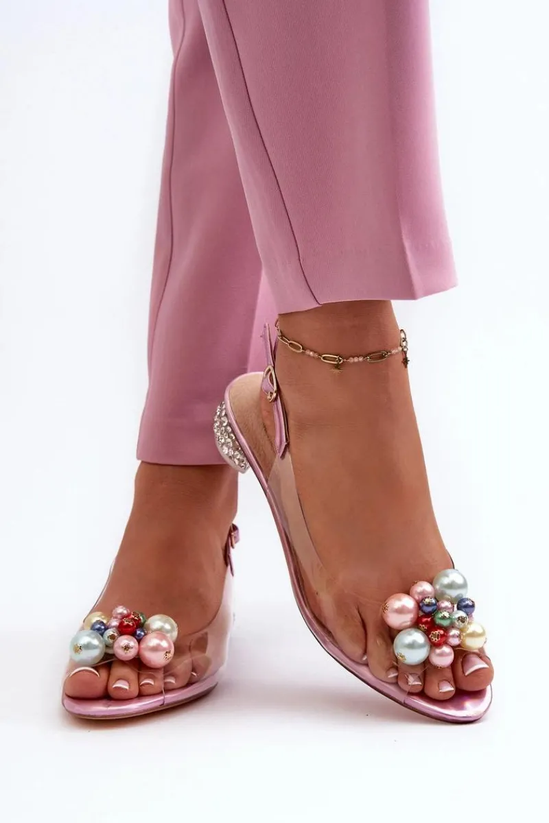 Sale Transparentne Sandały Na Niskim Obcasie Z Ozdobą Różowe D&A MR38-368 Damskie Sandały Na Obcasie