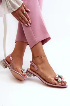 Sale Transparentne Sandały Na Niskim Obcasie Z Ozdobą Różowe D&A MR38-368 Damskie Sandały Na Obcasie