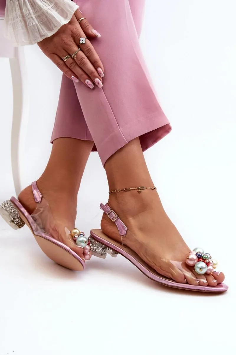 Sale Transparentne Sandały Na Niskim Obcasie Z Ozdobą Różowe D&A MR38-368 Damskie Sandały Na Obcasie