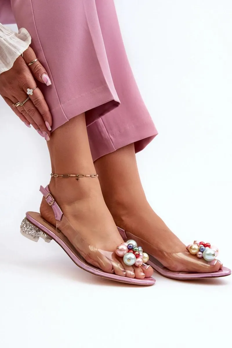 Sale Transparentne Sandały Na Niskim Obcasie Z Ozdobą Różowe D&A MR38-368 Damskie Sandały Na Obcasie
