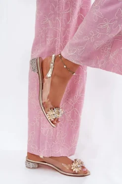 Online Transparentne Sandały Na Niskim Obcasie Ze Zdobieniem D&A MR51-709 Złote Damskie Sandały Na Obcasie