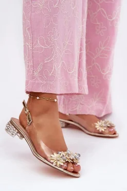 Online Transparentne Sandały Na Niskim Obcasie Ze Zdobieniem D&A MR51-709 Złote Damskie Sandały Na Obcasie