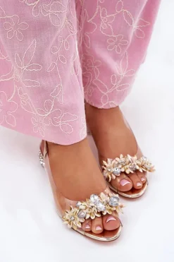 Online Transparentne Sandały Na Niskim Obcasie Ze Zdobieniem D&A MR51-709 Złote Damskie Sandały Na Obcasie