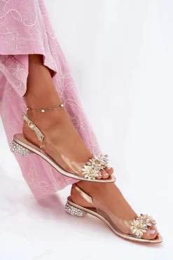 Online Transparentne Sandały Na Niskim Obcasie Ze Zdobieniem D&A MR51-709 Złote Damskie Sandały Na Obcasie