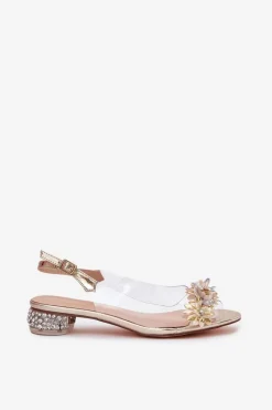 Online Transparentne Sandały Na Niskim Obcasie Ze Zdobieniem D&A MR51-709 Złote Damskie Sandały Na Obcasie