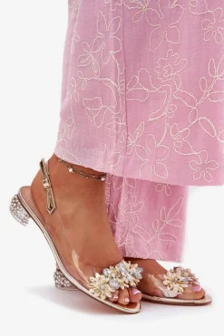 Online Transparentne Sandały Na Niskim Obcasie Ze Zdobieniem D&A MR51-709 Złote Damskie Sandały Na Obcasie