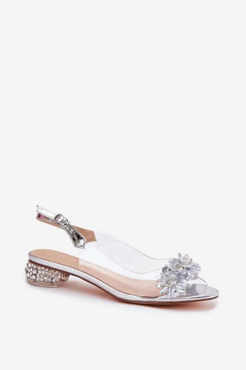 Sandały Na Obcasie>Damskie buty S.Barski Transparentne Sandały Na Niskim Obcasie Ze Zdobieniem D&A MR51-709 Srebrne