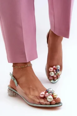 Online Transparentne Sandały Na Niskim Obcasie Z Ozdobą Zielone D&A MR38-368 Damskie Sandały Na Obcasie