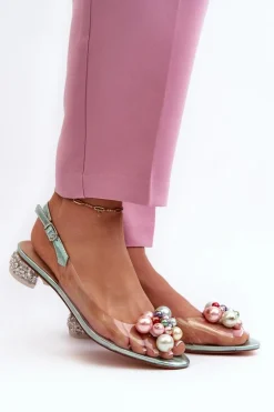 Online Transparentne Sandały Na Niskim Obcasie Z Ozdobą Zielone D&A MR38-368 Damskie Sandały Na Obcasie