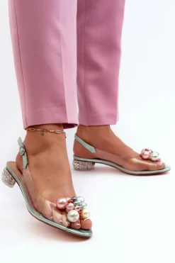 Online Transparentne Sandały Na Niskim Obcasie Z Ozdobą Zielone D&A MR38-368 Damskie Sandały Na Obcasie