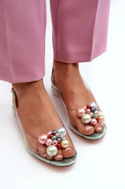 Online Transparentne Sandały Na Niskim Obcasie Z Ozdobą Zielone D&A MR38-368 Damskie Sandały Na Obcasie