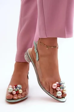 Online Transparentne Sandały Na Niskim Obcasie Z Ozdobą Zielone D&A MR38-368 Damskie Sandały Na Obcasie