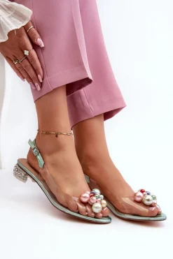 Online Transparentne Sandały Na Niskim Obcasie Z Ozdobą Zielone D&A MR38-368 Damskie Sandały Na Obcasie