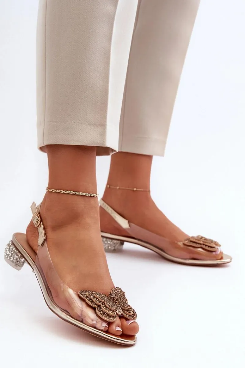 New Transparentne Sandały Na Niskim Obcasie Z Motylem Różowe Złoto D&A MR38-388 Damskie Sandały Na Obcasie