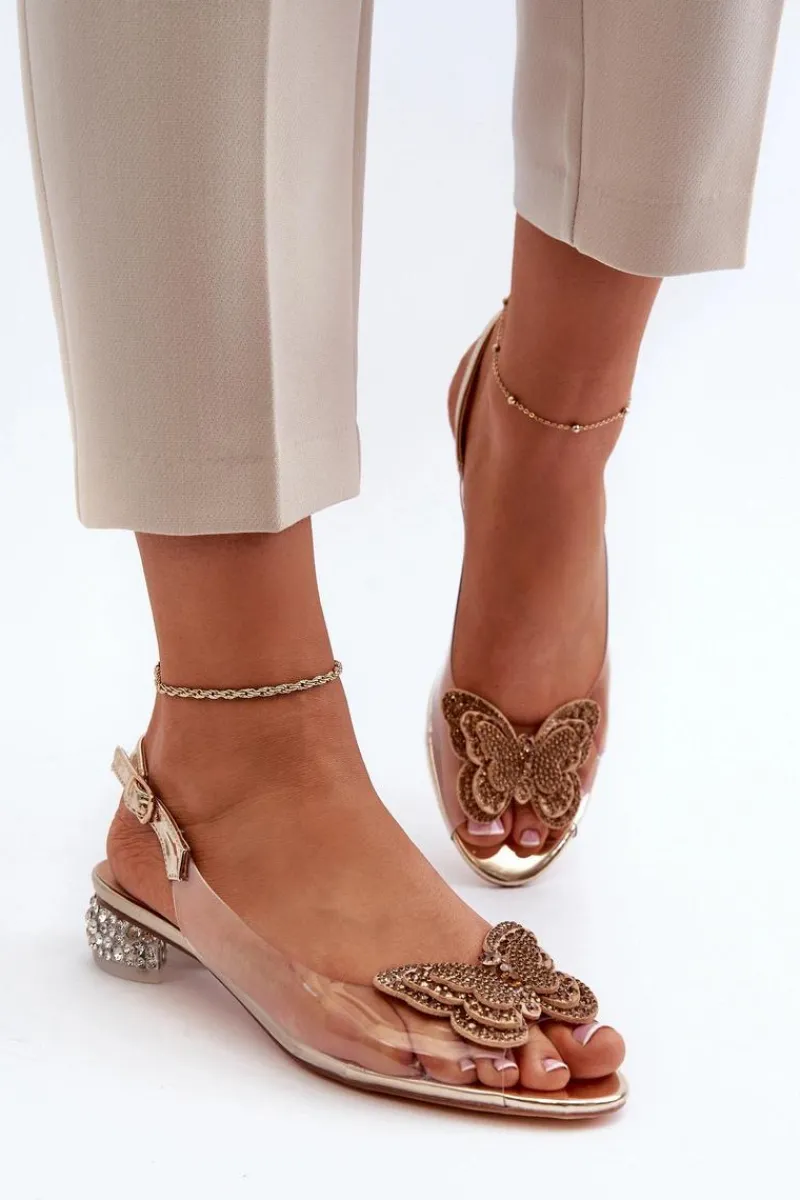 New Transparentne Sandały Na Niskim Obcasie Z Motylem Różowe Złoto D&A MR38-388 Damskie Sandały Na Obcasie