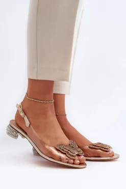 New Transparentne Sandały Na Niskim Obcasie Z Motylem Różowe Złoto D&A MR38-388 Damskie Sandały Na Obcasie