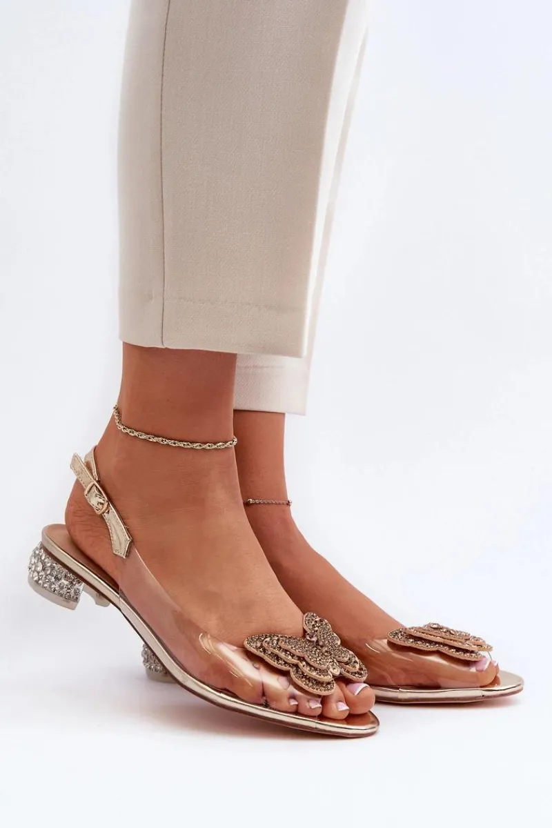 New Transparentne Sandały Na Niskim Obcasie Z Motylem Różowe Złoto D&A MR38-388 Damskie Sandały Na Obcasie