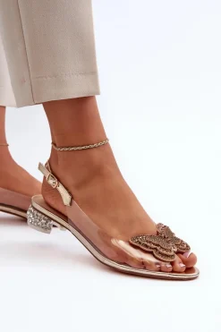 New Transparentne Sandały Na Niskim Obcasie Z Motylem Różowe Złoto D&A MR38-388 Damskie Sandały Na Obcasie