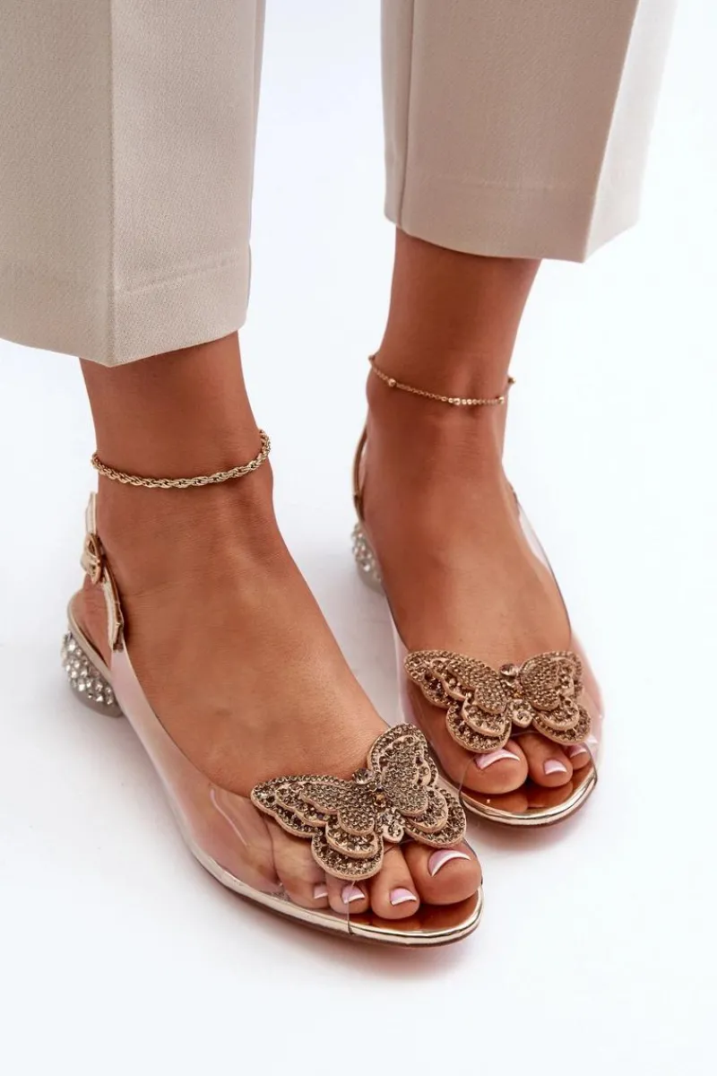 New Transparentne Sandały Na Niskim Obcasie Z Motylem Różowe Złoto D&A MR38-388 Damskie Sandały Na Obcasie