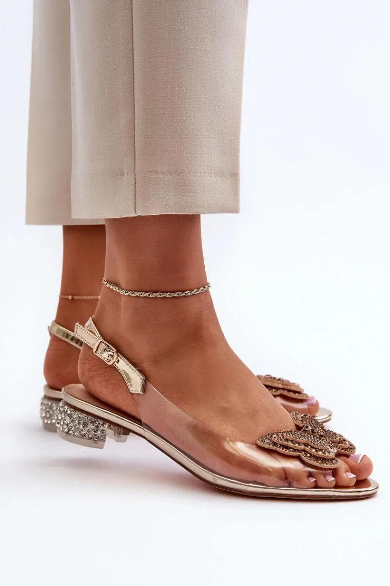 New Transparentne Sandały Na Niskim Obcasie Z Motylem Różowe Złoto D&A MR38-388 Damskie Sandały Na Obcasie