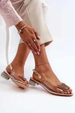 New Transparentne Sandały Na Niskim Obcasie Z Motylem Różowe Złoto D&A MR38-388 Damskie Sandały Na Obcasie